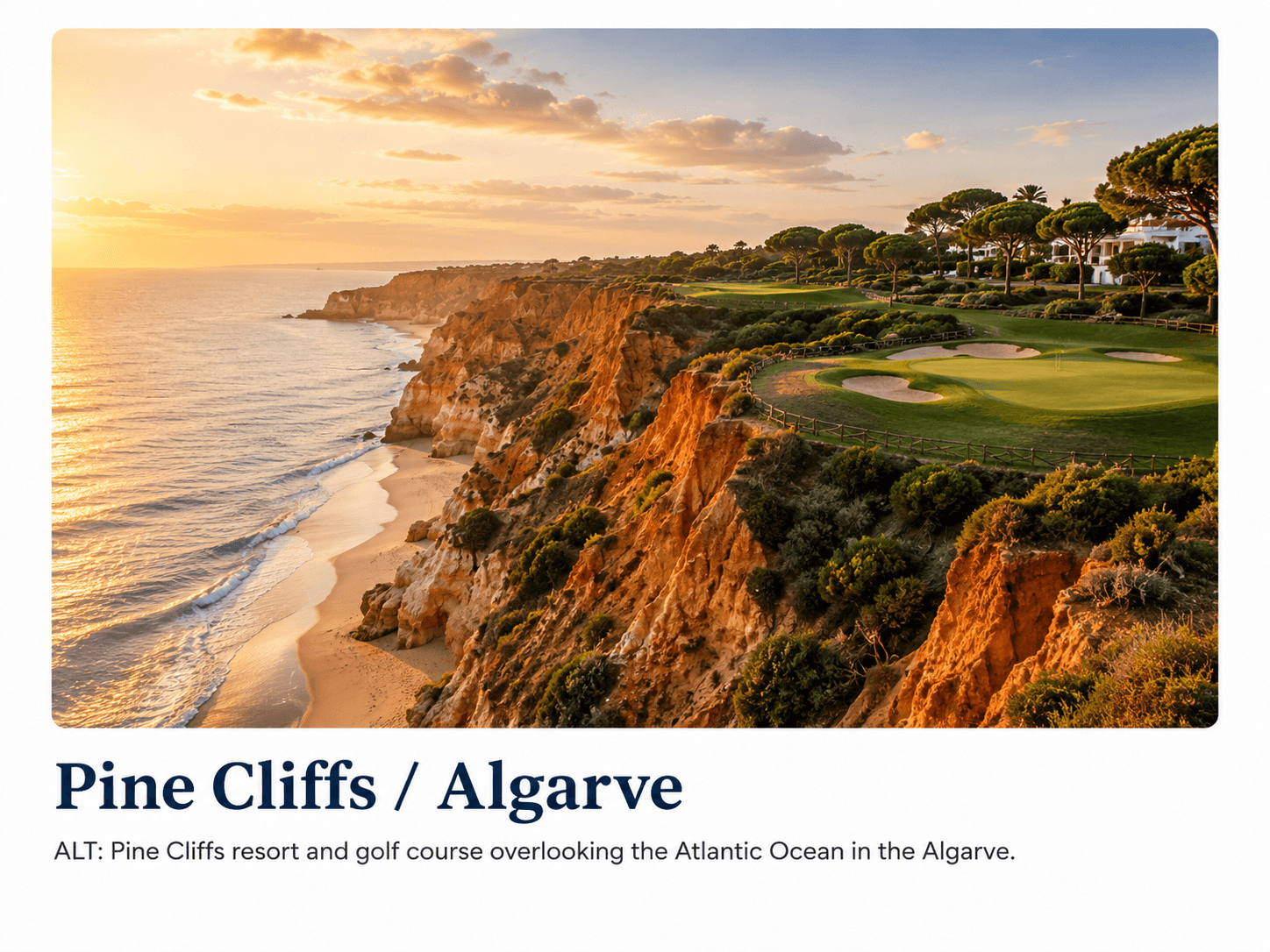 Pine Cliffs coastline and golf course overlooking the Atlantic Ocean in the Algarve, Portugal.